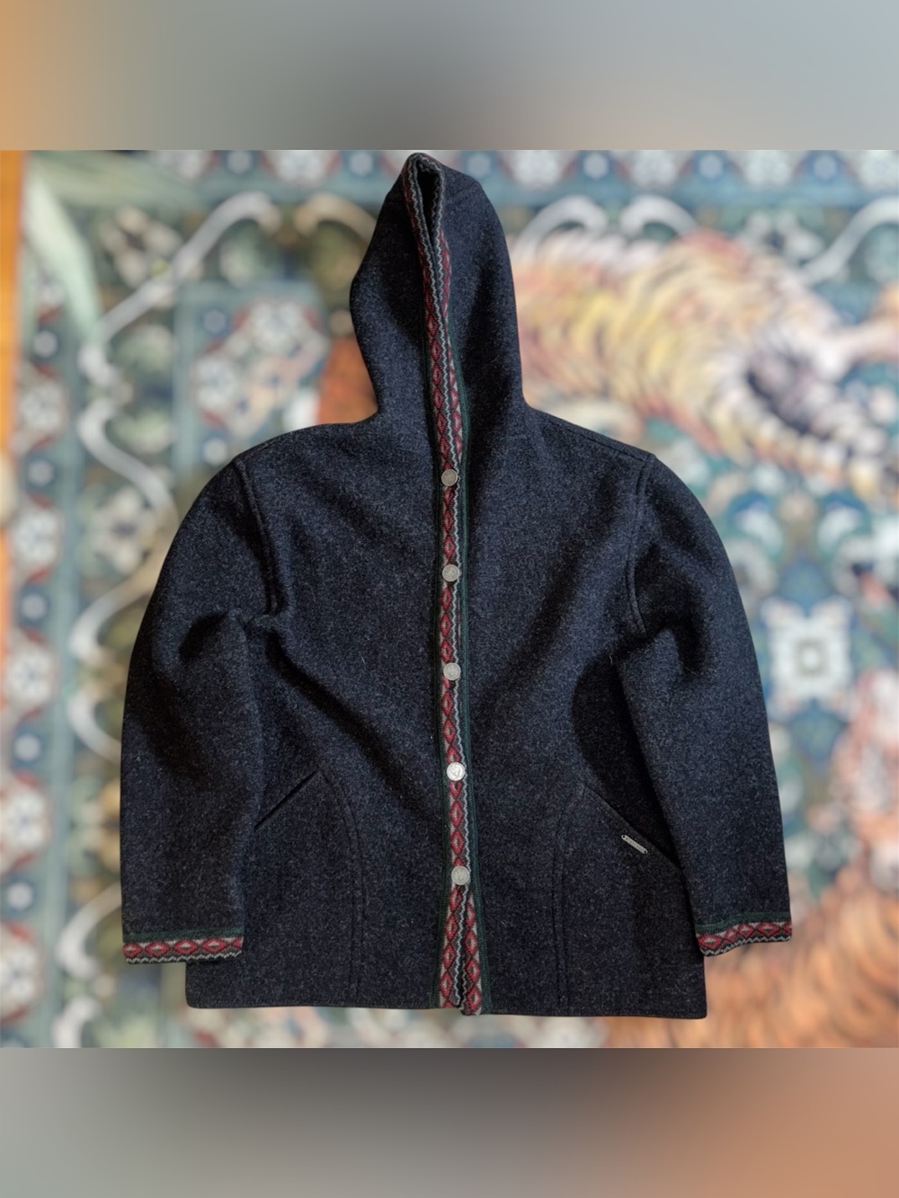 Vintage Giesswein Austria 100% Wool Button Coat Knit Jacket Hooded Gray XL